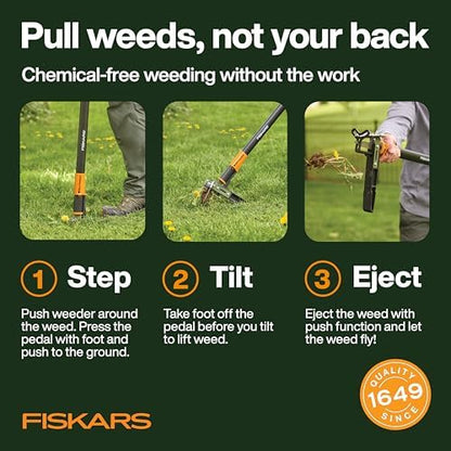 Fiskars 3-Claw Stand Up Weed Puller Tool, Gardening Weeder, Hand Weeding Tool with 39" Long Ergonomic Handle with Easy-Eject Mechanism
