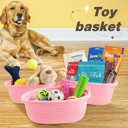 Pro Goleem Small Woven Basket with Gift Bags and Ribbons Durable Baskets for Gifts Empty Small Rope Basket for Storage 12"X 8" X 5" Baby Toy Basket with Handles, Pink