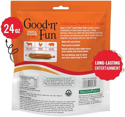 Good 'n' Fun Triple Flavor Ribs Chews for All Dogs, 24 Ounces, Treat Your Dog to Long-Lasting Chews Made with Beef Hide, Chicken and Pork Hide