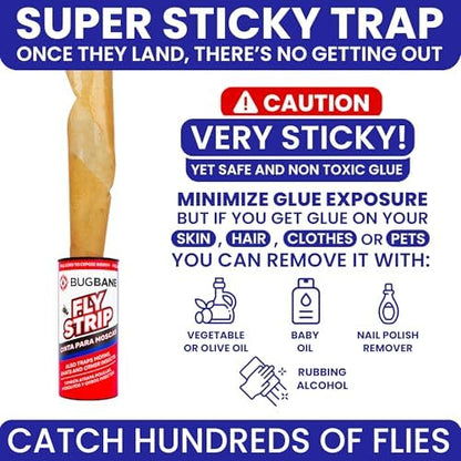 Fly Strips Indoor Sticky Hanging 24pk with Pins. Non Toxic Outdoor Fly Trap Indoor for Home. Flies Tape Paper Trap Ribbon Roll for House Gnat Fruit and Housefly. Bug Catchers for Inside Home Flypaper
