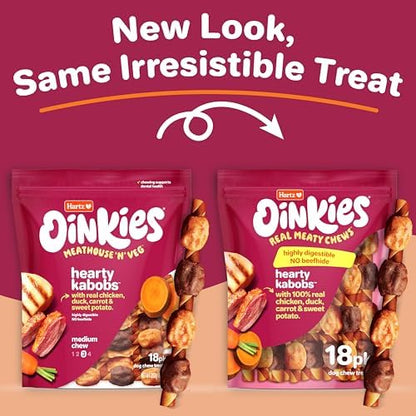 Hartz Oinkies Hearty Kabob Dog Treats with 100% Real Chicken, Duck, Sweet Potato & Carrot, Rawhide-Free, Natural Dog Treats, Highly Digestible Long Lasting Chews, 18 Count