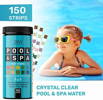 JNW 7-in-1 Pool Test Strips, 150 Quick & Accurate Test Strips for Pool Water, Spa Test Strips for Hot Tub, Chlorine Test Strips, Bromine, pH, Alkalinity, Hardness & More - Swimming Pool Test Kit