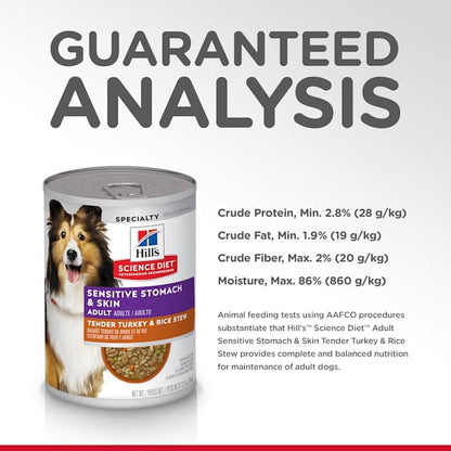 Hill's Science Diet Adult Sensitive Stomach & Sensitive Skin Tender Turkey & Rice Stew Canned Wet Dog Food, 12.5 oz., Pack of 12