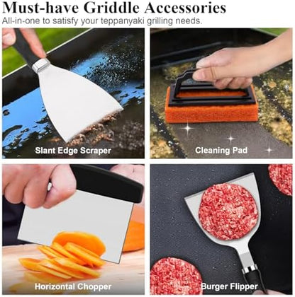 27pcs Griddle Accessories Kit for Blackstone, Professional Hibachi Flat Top Grill Tools, Enlarged Spatula Gift Set with Basting Cover，Burger Press Patty Maker for Outdoor BBQ Teppanyaki
