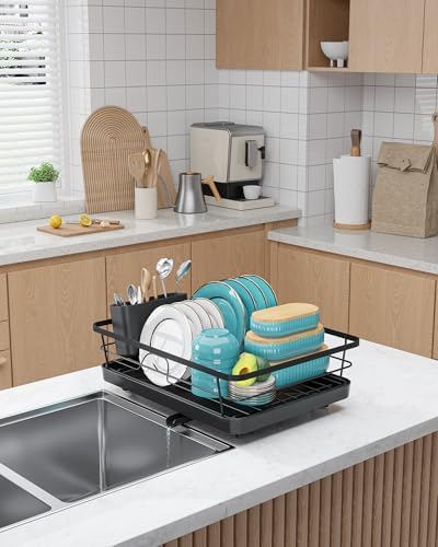 Dish Drying Rack - Stainless Steel Dish Rack with Drainboard for Kitchen Counter and Sink, 15.6" D x 12" W x 5" H, Black