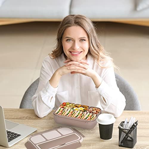 Bento Box Adult Lunch Box, Containers for Adults Men Women with 4 Compartments, Lunchable Food Container with Utensils, Sauce Jar, Muffin Liners, 40 Oz/5 Cup, Microwave & Dishwasher Safe, Brown