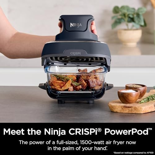Ninja Crispi 4-in-1 Portable Glass Air Fryer Cooking System, 1500W, 4QT & 6-Cup TempWare Glass Containers with Storage Lids, Microwave, Freezer & Dishwasher Safe, Cyberspace Gray, FN101GY