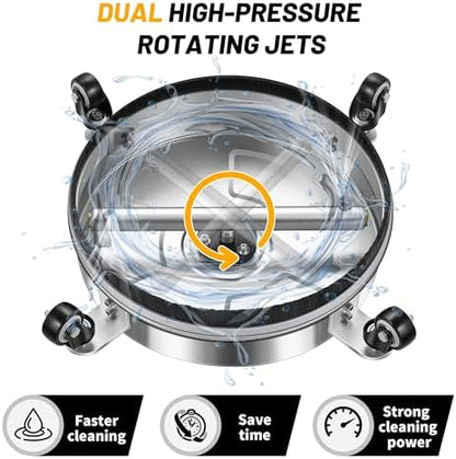 14" Pressure Washer Surface Cleaner with 4 Wheels - Stainless Steel Surface Cleaner for Pressure Washer Attachment for Concrete, Patio, Sidewalk, Deck and Driveways - PWS14