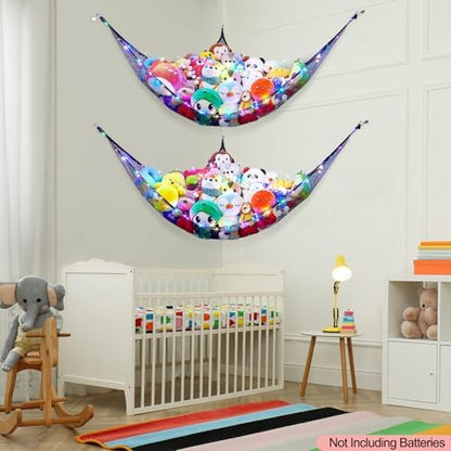 Unicorn Castle Stuffed Animals Net or Hammock Kids Toy Storage Organizer with LED Light Hanging Corner Stuffed Animals Holder Kids Girls Room Decor (Pack of 1)