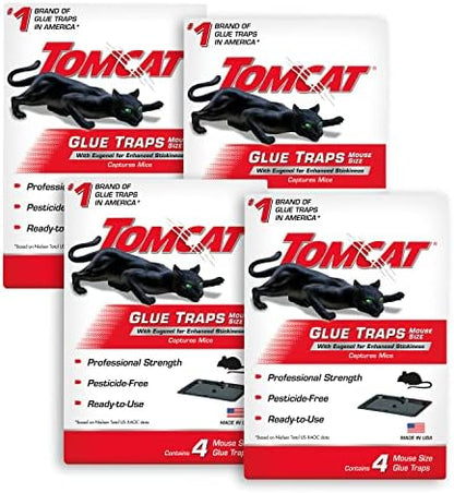 Tomcat Mouse Trap with Immediate Grip Glue for Mice, Cockroaches, and Spiders, Ready-to-Use, 4-Pack (16 Glue Traps)