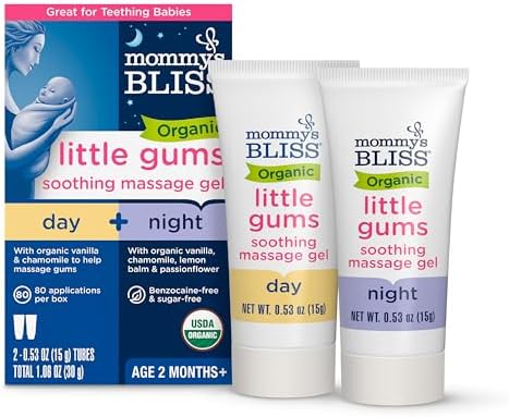 Mommy's Bliss Organic Little Gums Soothing Massage Gel Day and Night Combo, Great for Teething Babies, Age 2 Months+, Sugar Free, Mild & Sweet Flavor, 2 - 0.53 Oz Tubes (Pack of 1)