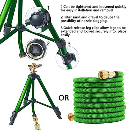 Hourleey Impact Sprinkler on Tripod Base, 2 Pack Heavy Duty Sprinklers for Lawn Yard Garden, 0-360 Degree Large Area Coverage, 3/4 Inch Connector Extension Legs Flip Locks with Brass Head