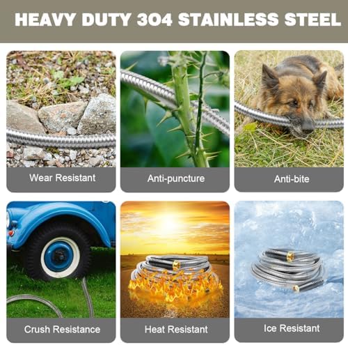 Omont Metal Garden Hose 25FT, Heavy Duty 304 Stainless Steel Water Hoses with Nozzle, Flexible Garden Hose, Lightweight, Rust Proof, No-Kink & Tangle for Yard, Outdoor, RV