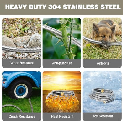 Omont Metal Garden Hose 25FT, Heavy Duty 304 Stainless Steel Water Hoses with Nozzle, Flexible Garden Hose, Lightweight, Rust Proof, No-Kink & Tangle for Yard, Outdoor, RV