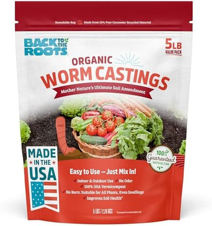 Back to the Roots Organic Worm Castings for Plants, Natural Fertilizer and Soil Enhancer for Gardening, Made in The USA, 5lb