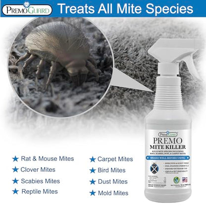 Premo Guard Mite Treatment Spray – 16 oz – Kills Dust, Scabies, Spider, Carpet, Bird, Mouse & Rat Mites in Home, on Furniture, Bedding – Natural Non-Toxic 100% Effective – Child & Pet Safe