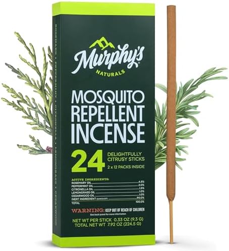 Murphy’s Naturals Mosquito Repellent Incense Sticks, 24 Count, DEET Free Insect Repellent with Citronella for Outdoor Yard, 2.5+ Hours per Stick