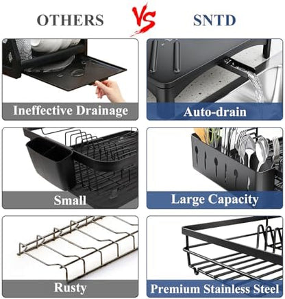Dish Drying Rack for Kitchen Counter - Large Dish Rack with Drainboard, Rustproof Dish Drainer with Utensil Holder for Sink, Black