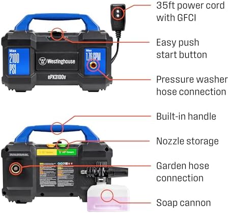 Westinghouse ePX3100v Electric Pressure Washer, 2100 Max PSI 1.76 Max GPM, Built-in Carry Handle, Detachable Foam Cannon, Pro-Style Steel Wand, 3-Nozzle Set, for Cars/Fences/Driveways/Home/Patios