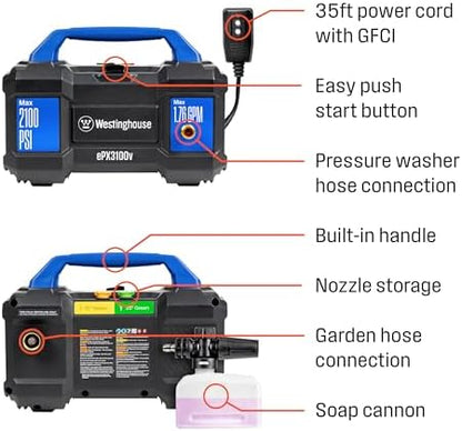 Westinghouse ePX3100v Electric Pressure Washer, 2100 Max PSI 1.76 Max GPM, Built-in Carry Handle, Detachable Foam Cannon, Pro-Style Steel Wand, 3-Nozzle Set, for Cars/Fences/Driveways/Home/Patios
