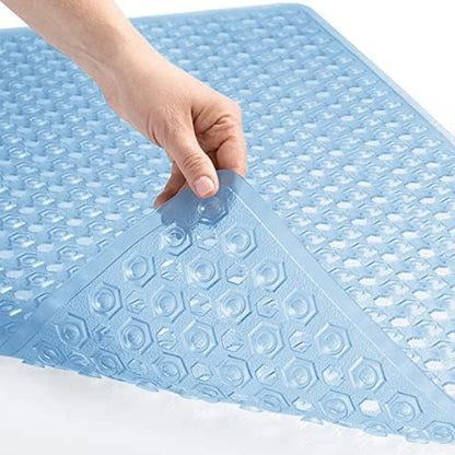 GORILLA GRIP Patented Bath Tub Shower Mat, Machine Washable Bathtub Floor Liner Mats, Suction Cups and Drain Holes to Keep Tubs Clean, Soft on Feet, Bathroom Essentials, 35x16 Inch, Clear Blue