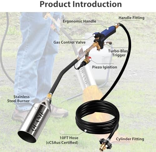 Propane Torch Burner Weed Torch High Output 2,400,000 BTU with 10FT Hose,Heavy Duty Blow Torch with Flame Control and Turbo Trigger Push Button Igniter,Flamethrower for Garden Wood Ice Snow Road (Blue