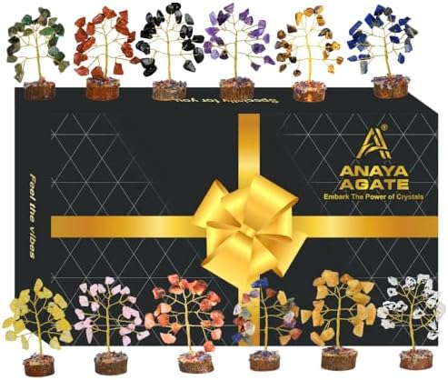 Crystal Tree Gift for Women, Set of 12 Handcrafted Tree of Life Chakra Healing Crystals & Stones for Positive Energy, Good Luck, Home and Office Desk Decor, Birthday Gifts for Mom & Dad