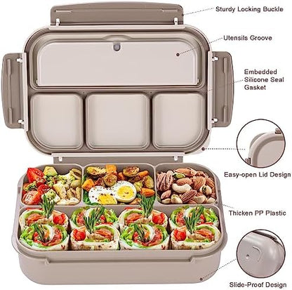Bento Box Adult Lunch Box, Containers for Adults Men Women with 4 Compartments, Lunchable Food Container with Utensils, Sauce Jar, Muffin Liners, 40 Oz/5 Cup, Microwave & Dishwasher Safe, Brown