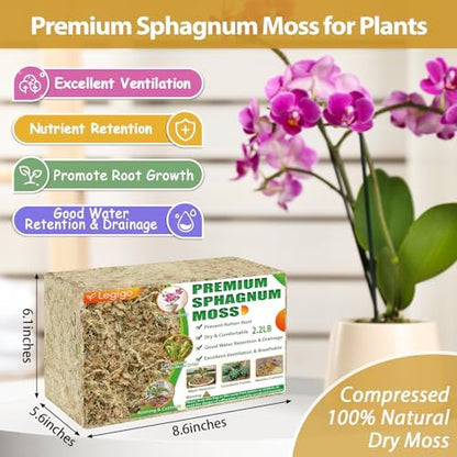Legigo 2.2LBS Premium Sphagnum Moss for Plants- 40QT Natural Succulent Carnivorous Plant Moss Dried, Long Fiber Orchid Moss for Orchid Repotting Succulent Sarracenia Potted Plants Gardening & Reptiles