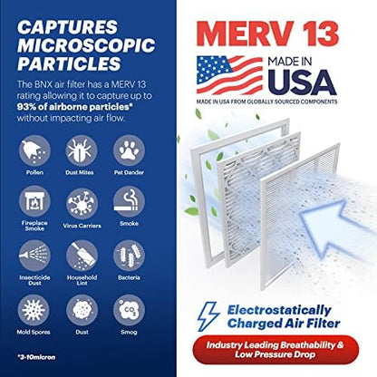 BNX TruFilter 20x25x1 Air Filter MERV 13 (6-Pack) - MADE IN USA - Electrostatic Pleated Air Conditioner HVAC AC Furnace Filters for Allergies, Pollen, Mold, Bacteria, Smoke, Allergen, MPR 1900 FPR 10