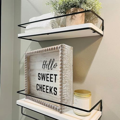Boho Farmhouse Wooden Framed Bathroom Decor Signs, Funny Restroom Decorative Plaque Small Cute, Toilet Rules Shelf Decoration (Hello Sweet Cheeks)