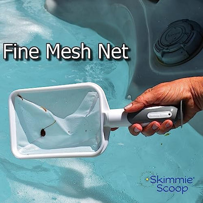 The Skimmie Scoop - Patented Handheld Skimmer with Fine Mesh Net for Spa, Hot Tub, Cold Plunge and Small Pool Cleaning - Lightweight and Durable with Powerful Suction Cup - Clean Out Filter (White)