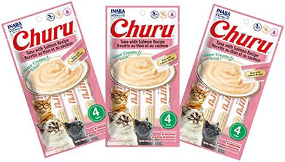 INABA Churu Cat Treats, Grain-Free, Lickable, Squeezable Creamy Purée Cat Treat/Topper with Vitamin E & Taurine, 0.5 Ounces Each Tube, 12 Tubes (4 per Pack), Tuna with Salmon Recipe