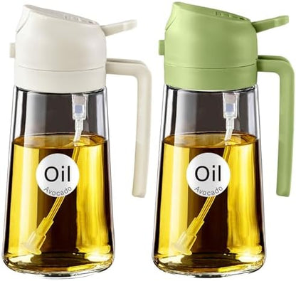 YARRAMATE 2Pcs 16oz/470ml 2 in 1 Oil Sprayer for Cooking with Stickers, Food-grade Glass Oil Spray Bottle, Oil Dispenser and Oil Sprayer for Kitchen, Salad, Frying, BBQ (White & Green)
