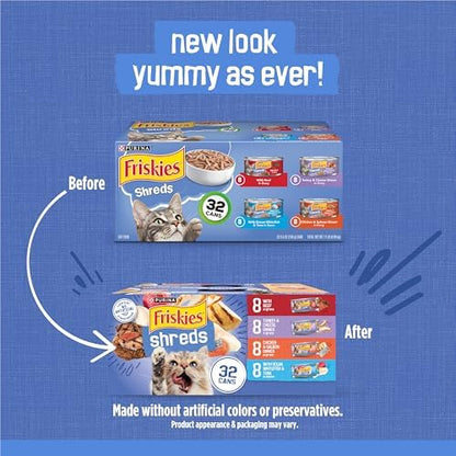 Purina Friskies Gravy Wet Cat Food Variety Pack, Savory Shreds With Beef, Turkey and Cheese Dinner, Chicken and Salmon Dinner, With Ocean Whitefish and Tuna - (Pack of 32) 5.5 oz. Cans
