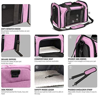 Pet Carrier for Small Medium Cats Dogs Puppies up to 15 Lbs, TSA Airline Approved, Soft Sided, Collapsible Travel - Pink