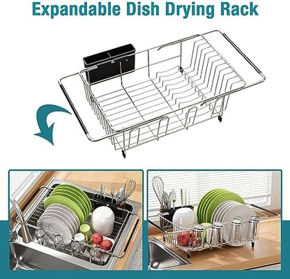 Dish Drying Rack in Sink, Expandable Stainless Steel Dish Drainers for Kitchen Counter, Dish Dryer Rack for Inside Sink, Over The Sink Dish Racks with Utensil Holder, Silver