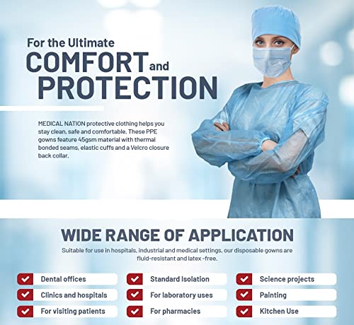 MEDICAL NATION 120 Pack Disposable Isolation Gowns - Blue Level 2 SMS 40gsm Non-Woven Material - PPE Gowns Disposable for Dental, Medical Use, Fluid-Resistant and Latex-Free Gowns, Universal Size