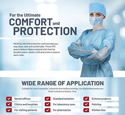 MEDICAL NATION 120 Pack Disposable Isolation Gowns - Blue Level 2 SMS 40gsm Non-Woven Material - PPE Gowns Disposable for Dental, Medical Use, Fluid-Resistant and Latex-Free Gowns, Universal Size