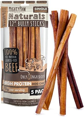 Mighty Paw Long Lasting 12" Bully Sticks for Dogs - All Natural Grass Fed Beef Chews. Lower Odor Dog Bully Sticks for Large Dogs, Medium and Small Breeds. Single Ingredient Treats