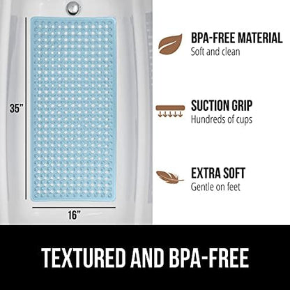 GORILLA GRIP Patented Bath Tub Shower Mat, Machine Washable Bathtub Floor Liner Mats, Suction Cups and Drain Holes to Keep Tubs Clean, Soft on Feet, Bathroom Essentials, 35x16 Inch, Clear Blue