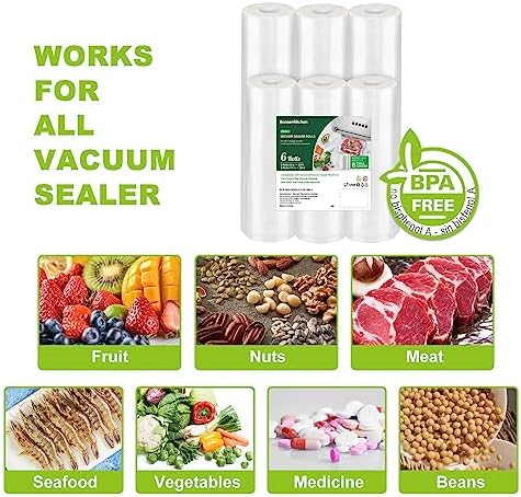 Bonsenkitchen Vacuum Sealer Rolls Bags, 6 Pack 3 Rolls 11" x 20' + 3 Rolls 8" x 20' Commercial Grade BPA Free Bag Rolls, Durable Customized Size Food Vac Bags for Storage and Sous Vide Cooking VB3211