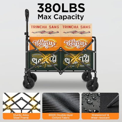Heavy-Duty Collapsible Wagon Cart, Foldable Utility Cart with Extra Large Capacity and Drink Holders for Shopping, Camping, Grocery, Sports