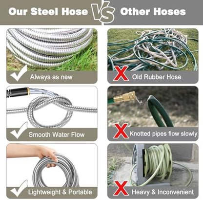 Omont Metal Garden Hose 25FT, Heavy Duty 304 Stainless Steel Water Hoses with Nozzle, Flexible Garden Hose, Lightweight, Rust Proof, No-Kink & Tangle for Yard, Outdoor, RV