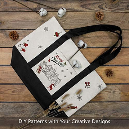 TOPDesign 1 | 3 | 6 | 30 Pack Canvas Tote Bag with an External Pocket, Reusable Grocery Shopping Bag, Top Zipper Closure, Daily Essentials (Black/Natural Pack of 1)