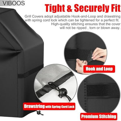 Grill Cover, 58 inch BBQ Gas Grill Cover for Outdoor Grill, Waterproof, Anti-UV, Rip-Proof, Fade Resistant Material, Barbecue Cover with Hook-and-Loop Straps & Adjustable Hem Drawstring, Black