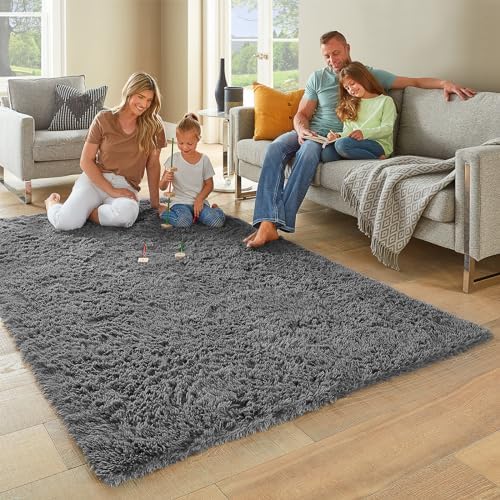Ophanie Area Rugs for Bedroom, Upgrade Non-Slip Grey Fluffy Soft Shag Carpet, Indoor Floor Gray 4x6 Fuzzy Shaggy Living Room Plush Rug for Kids Home Dorm Decor Aesthetic