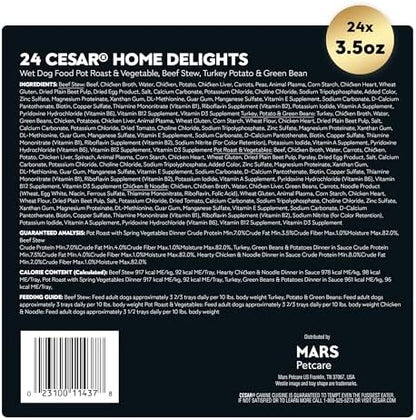 Cesar Home Delights Adult Wet Dog Food, Pot Roast with Spring Vegetables, Beef Stew, Turkey, Green Beans, & Potatoes, and Hearty Chicken & Noodle Variety Pack, 3.5 oz. (24 Count, Pack of 1)