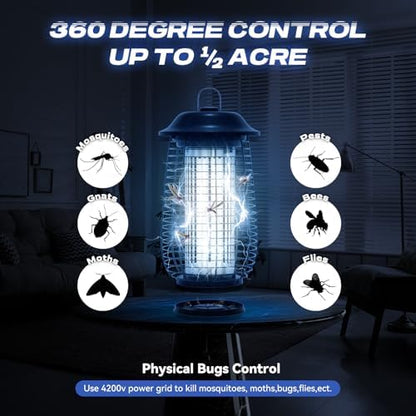 Bug Zapper Indoor & Outdoor, 4200V Electric Mosquito Zapper, 10 Years Lifespan, 6.5ft Power Cord, Waterproof, Fly Trap Mosquito Trap, Fly Killer Fly Zapper for Home, Patio, Kitchen, Backyard, Camping