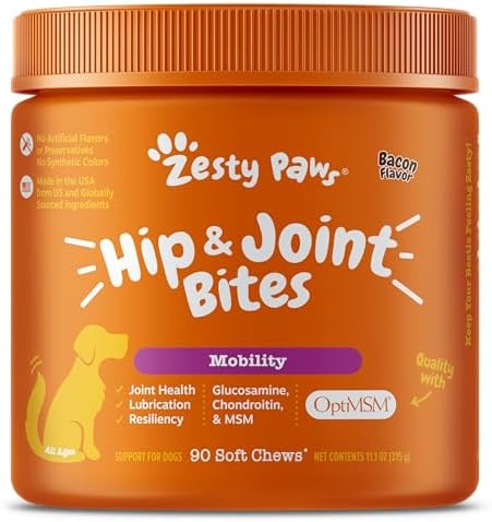 Zesty Paws Hip and Joint for Dogs, Glucosamine for Dogs Hip and Joint Supplement with Chondroitin, MSM, Vitamins C & E - Bacon, 90 Count